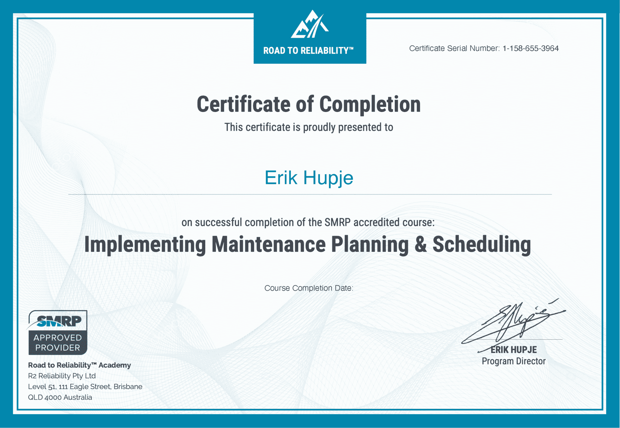 Certificate of Completion for the online course: Implementing Maintenance Planning & Scheduling